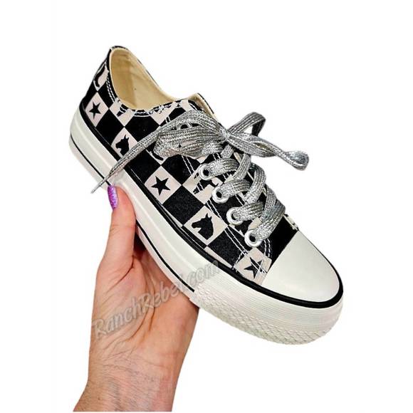 NEW 2FLYCO women's checkered cowgirl kickers sneaker in black/white - Picture 6 of 6